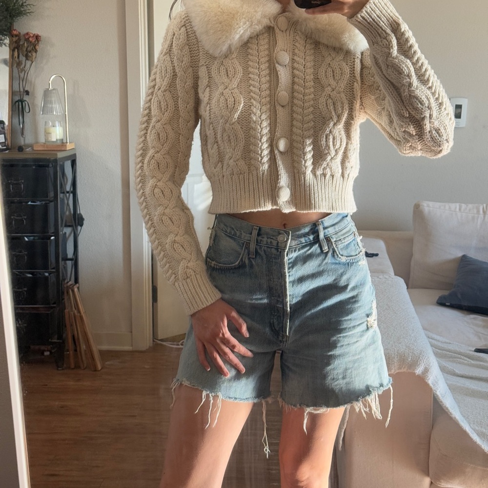 Zara Cream cable knit cardigan with faux fur collar - Ecru - 3653/111/712